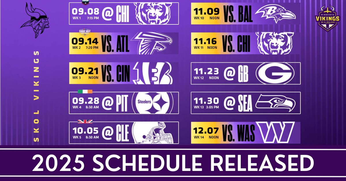 2025 schedule announced: Vikings visit Bears in week 1, host Lions on Christmas
